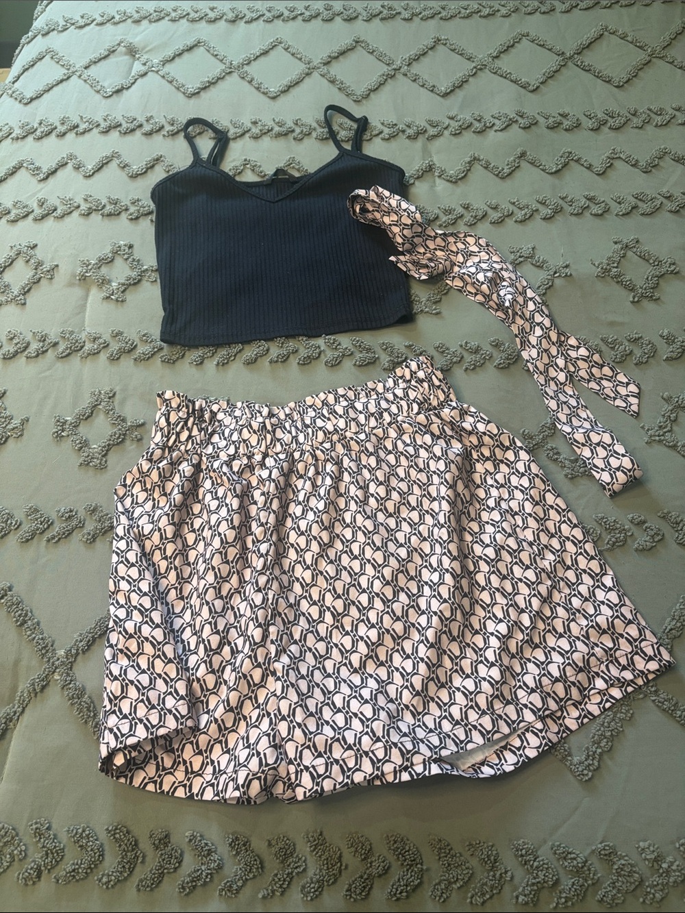 Black Crop Top with Ivory & Black Patterned Skater Shorts Set